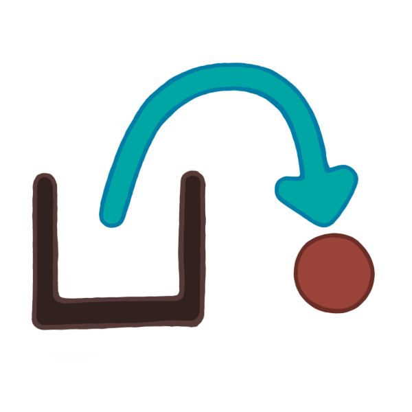 a brown box has a red circle sitting next to it, a blue arrow starts in the box and curves outside the box to point at the red circle.